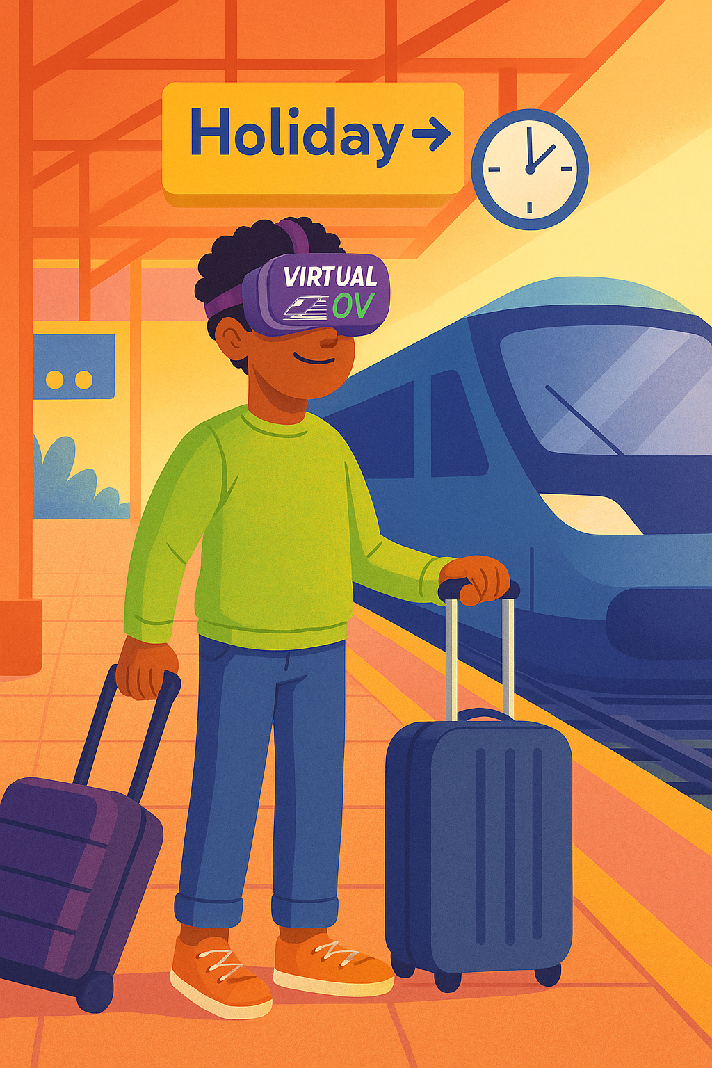  Jonge neurodivergente reiziger staat op een rustig treinstation met een koffer in de hand en draagt een Virtual Reality-bril met het Virtual OV-logo, voorbereidend op een reis met het openbaar vervoer 